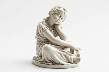 Porcelain figurine of a young girl sitting and resting her head on her hand, appearing thoughtful on a white background