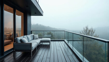 Modern balcony with elegant minimalistic furniture, inviting space for relaxation and conversation.