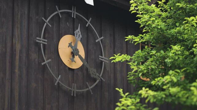 A large outdoor clock with decorative hands is mounted on a wooden wall, surrounded by greenery.