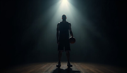 Fototapeta premium Powerful NBA star silhouette in spotlight, exuding strength and anticipation for an ad shot.