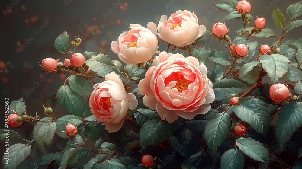 Sticker A delicate cluster of blush-colored roses, with their petals unfurling in the soft light, nestled amidst verdant foliage, creating a vibrant tapestry of nature's artistry.