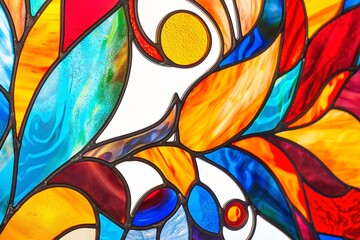 Close up of vibrant abstract stained glass window panel, with intricate colorful pattern and bright light play. Perfect for adding color to home decor