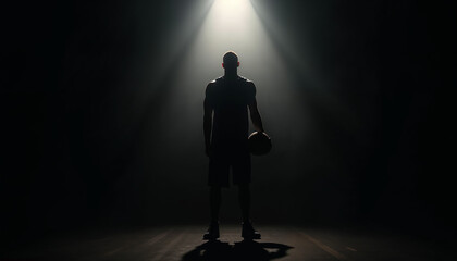 Obraz premium Powerful NBA star silhouette in spotlight, exuding strength and anticipation for an ad shot.