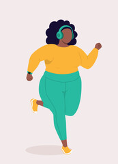One Overweight Black Woman In Activewear Running While Listening Music With Headphones.