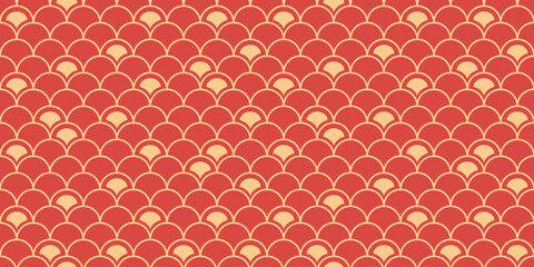 Squama background. Red scale seamless pattern. Chinese texture. Reptile skin or fish geometric graphics. Vector illustration. Horizontal banner with serpent surface.