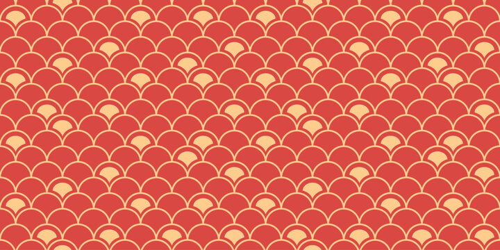 Squama background. Red scale seamless pattern. Chinese texture. Reptile skin or fish geometric graphics. Vector illustration. Horizontal banner with serpent surface.