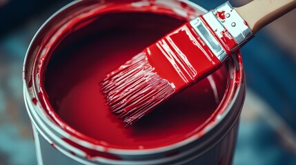 A close-up of a paint can filled with vibrant red paint, showcasing a paintbrush lightly dipped into the color.