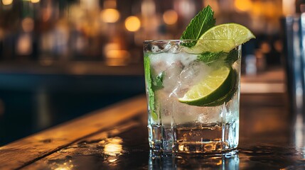A refreshing cocktail with lime and mint served in a glass, set against a blurry bar background.