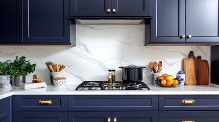 A modern kitchen featuring navy cabinets, marble backsplash, and a stylish countertop with utensils, fruits, and a pot.