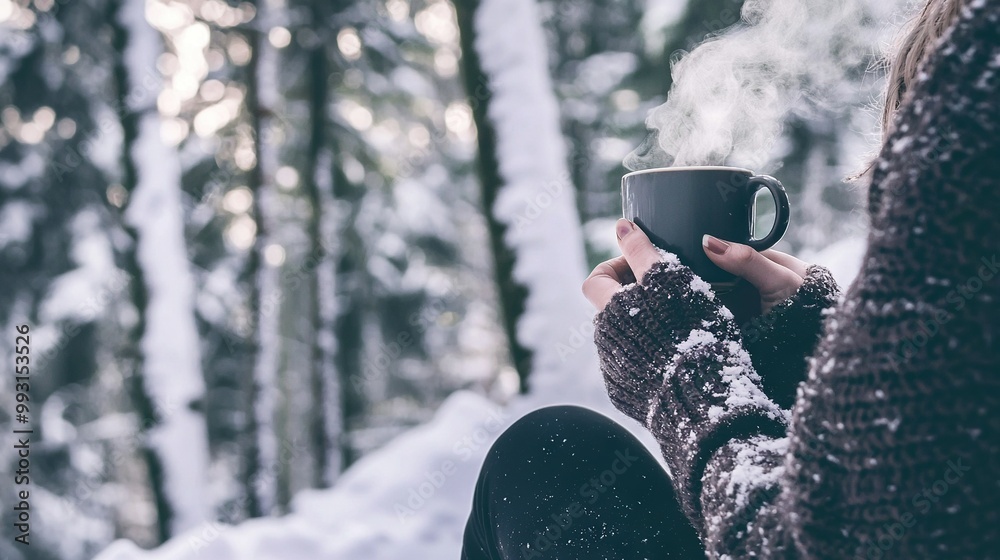 Wall mural   A person sipping coffee amidst snow-covered trees in a winter wonderland