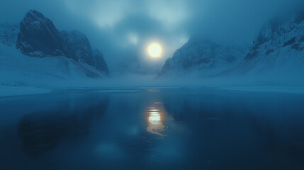Beautiful snowy mountains and colorful sky with clouds and golden sunlight at sunrise in winter. Landscape with rocks in snow, sea coast, reflection in water at dawn