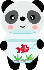 Obraz premium Funny panda holding a red fish in globe aquarium