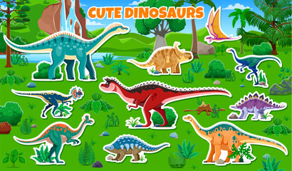 Prehistoric dinosaur characters stickers pack. Vector patches with cute dino species like sauropods, theropods and pterosaur at lush jungle forest landscape with vegetation, trees, rocks and waterfall