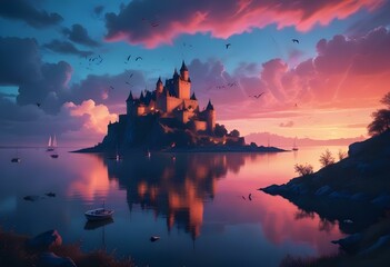Fototapeta premium A fantasy landscape with a castle on a cliff, sailboats on a lake, and a dramatic sunset sky with birds flying