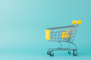 Colorful Shopping Bags and Cart on Minimalist Blue Background for Online Retail and E-commerce