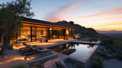 Fototapeta premium Secluded desert retreat with a contemporary design and stunning views of distant mountains