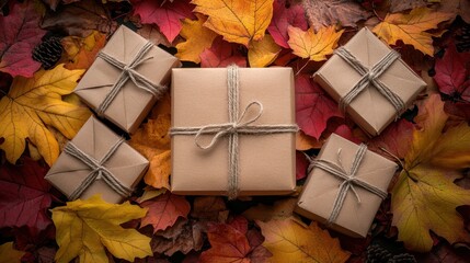 Beautifully wrapped gifts on colorful autumn leaves, creating a cozy and festive atmosphere for fall celebrations.