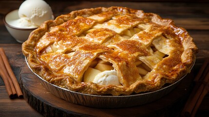 A delicious apple pie with a golden lattice crust, served with a scoop of vanilla ice cream and cinnamon sticks on a wooden surface.