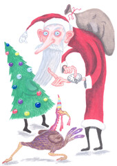 Santa Claus with a bag of gifts, a turkey and a Christmas tree is in hurry for Christmas. Santa Claus warns of the approach of the New Year.