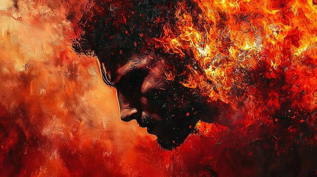   A painting of a man's face encircled by red & yelw flm & smok on ablk bg