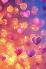 Colorful heart shapes floating in a dreamy background filled with soft lights at night