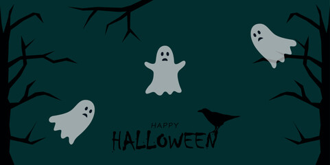 happy halloween card with ghosts and raven vector illustration
