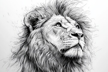  Highly detailed pencil sketch of a lion’s face, capturing its majestic expression and flowing mane, showcasing strength and beauty in black-and-white artistry.