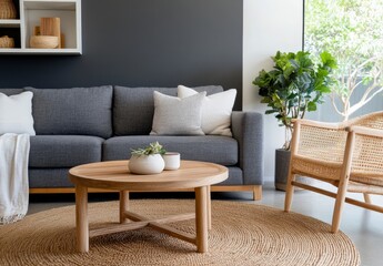 Modern living room design featuring cozy seating and natural decor in a stylish indoor space