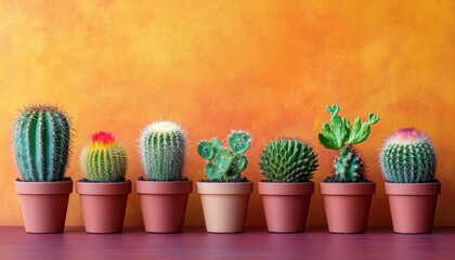 Vibrant cacti in pots against an orange background, showcasing a beautiful variety of shapes and textures in a colorful display.