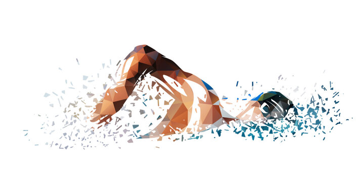 Swimming, swim isolated low poly vector illustration, geometric swimmer silhouette, crawl style