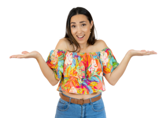 Young hispanic woman wearing casual clothes clueless and confused with open arms, no idea and doubtful face over transparent background.