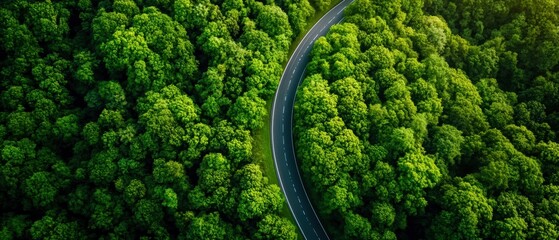 Aerial view of a winding road surrounded by lush green trees showcasing the beauty of nature.