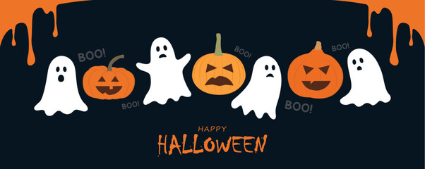 Naklejka premium halloween banner with cute ghosts and pumpkins vector illustration