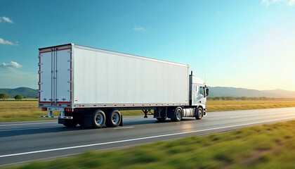 White truck on a wide U.S. highway with blank trailer ready for branding or text.






