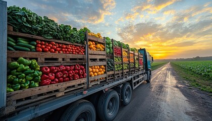 A delivery truck filled with fresh vegetables travels along a rural road at sunset, showcasing vibrant colors and agricultural beauty.