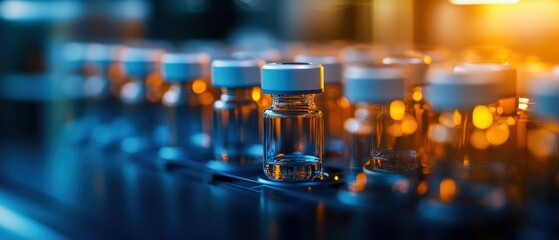 Close-up of vaccine vials illuminated by warm light, showcasing the scientific advancements in medicine.