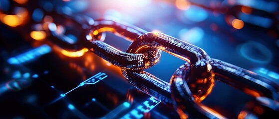Close-up view of metallic chain links with glowing blue and orange lights, symbolizing connection and strength in digital technology.
