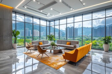 Bright, modern lounge with large windows showcasing a mountain view, featuring sleek furniture, greenery, and a comfortable, contemporary design.
