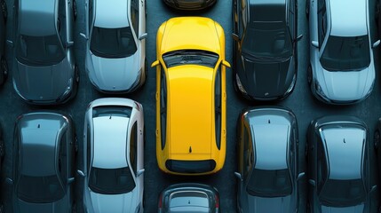 Fototapeta premium A single bright yellow car contrasting a row of gray cars, symbolizing being different in a crowd.