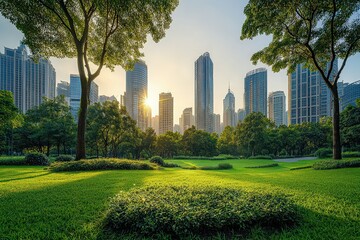 Obraz premium Beautiful city park with lush green grass and tall trees, set against a backdrop of modern skyscrapers glowing in the soft morning sunlight.