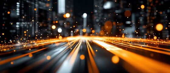 Dynamic urban lights create a vibrant, glowing pathway, showcasing the energy of modern city life.