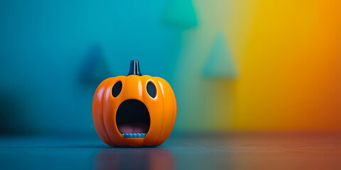 A quirky orange pumpkin with a surprised expression sits against a vibrant gradient background, creating a playful Halloween vibe.