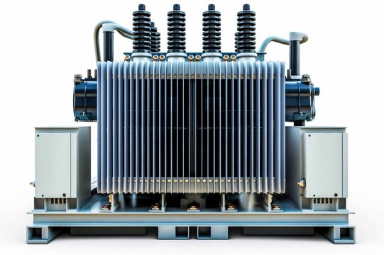Large, modern, high voltage transformer is standing on a white background, showcasing its power and importance in electrical infrastructure
