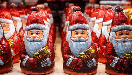 Fr&ouml;hliche Weihnachtsm&auml;nner in einem Warenregal, mit KI generiert