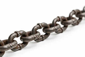 Obraz premium Old rusty chain is lying on a white background, with a shallow depth of field