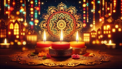 Obraz premium Three lit candles with intricate Indian-style decorations, surrounded by vibrant colors, soft blurred background of festive lights, celebrating Diwali