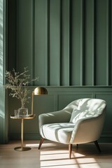 Elegant green accent wall with a stylish armchair and decorative table lamp