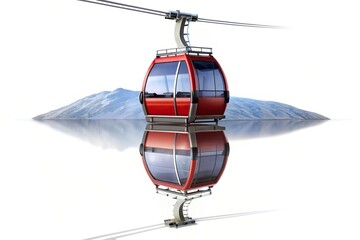 white background, vacation, isolated, cabin, leisure, ski lift, transportation, snowy mountains, Gondola at a ski resort isolated on a white background and reflected on the surface