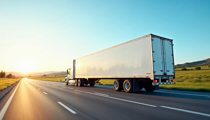 White truck on a wide U.S. highway with blank trailer ready for branding or text.






