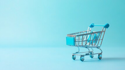 Colorful Shopping Bags and Cart on Minimalist Blue Background for Online Retail and E-commerce